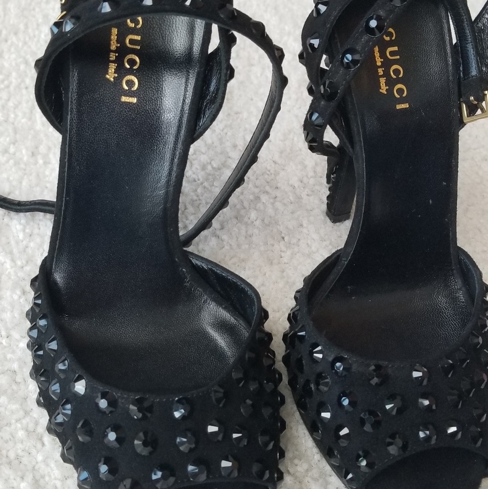 Gucci "Kid Scamosciato" Peep-Toe, Ankle Wrap Pumps
